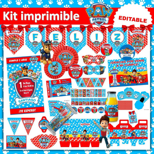 Kit Imprimible Cumpleaños Paw Patrol Patrulla Editable