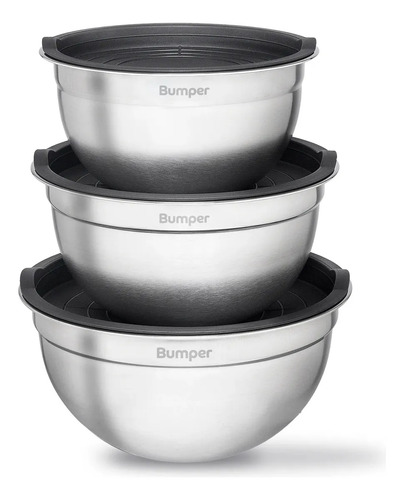 Conjunto De Bowls Tigela Inox Com Tampa Plástica Bumper Cinza