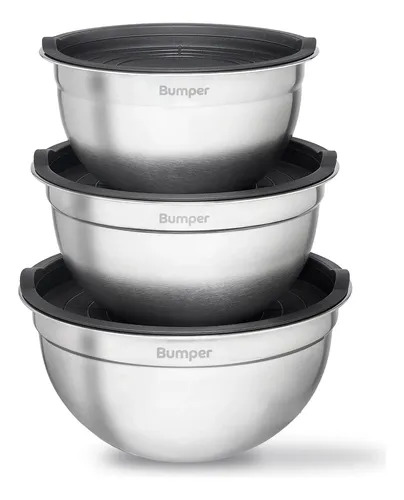 Conjunto De Bowls Tigela Inox Com Tampa Plástica Bumper Cinza