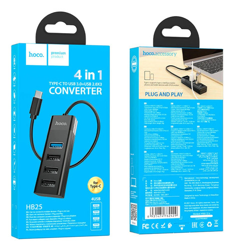Imagen 2 de 2 de Hub Adaptador Hoco Hb25 Tipo C A Usb 3.0 + Usb 2.0