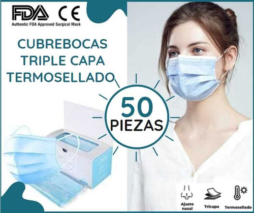 Cubrebocas 150pz Triple Capa termosellado Mascarilla Color Azul