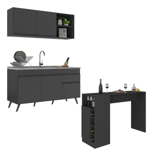 Armário Cozinha Compacta Com Mesa Veneza Multimóveis Mp2201 Cor Preto