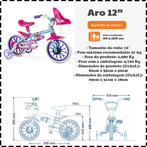 Bicicleta Infantil Menina Nathor Barbie Aro 12 C/ Rodinhas