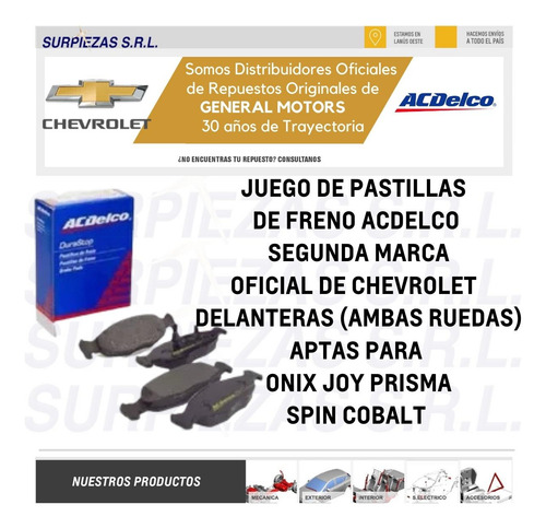 Pastillas Freno Del Onix Chevrolet 100% Acdelco 98550735