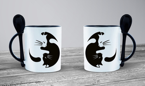 Imagen 2 de 2 de Taza Plana Con Cuchara, Gatos Yin - Yang