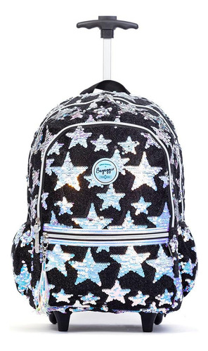 Mochila Escolar Feminina Black Velvet Stars Rodinha Preta