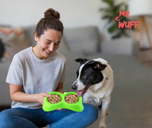 Plato Doble Comedero Para Perro Plastico mediano Mr Wuff Verde