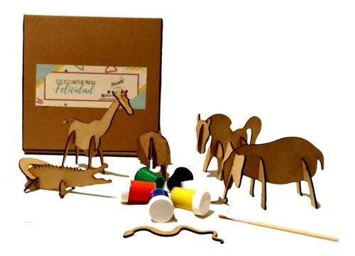 Kit Animales Madera Para Pintar Y Armar + Pinturas + Pincele