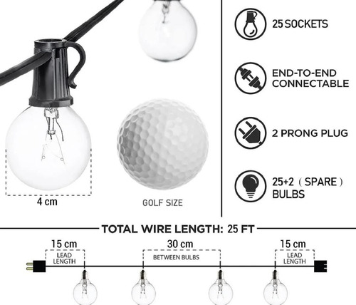 Imagen 3 de 8 de Guirnalda Guia Luces Bombitas Calidas25+2 Luces 7,5m Calidad