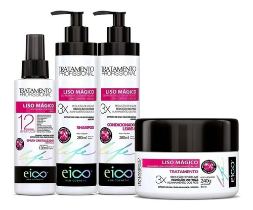 Eico Life Liso Mágico Kit Shampoo Cond  Máscara + Spray 
