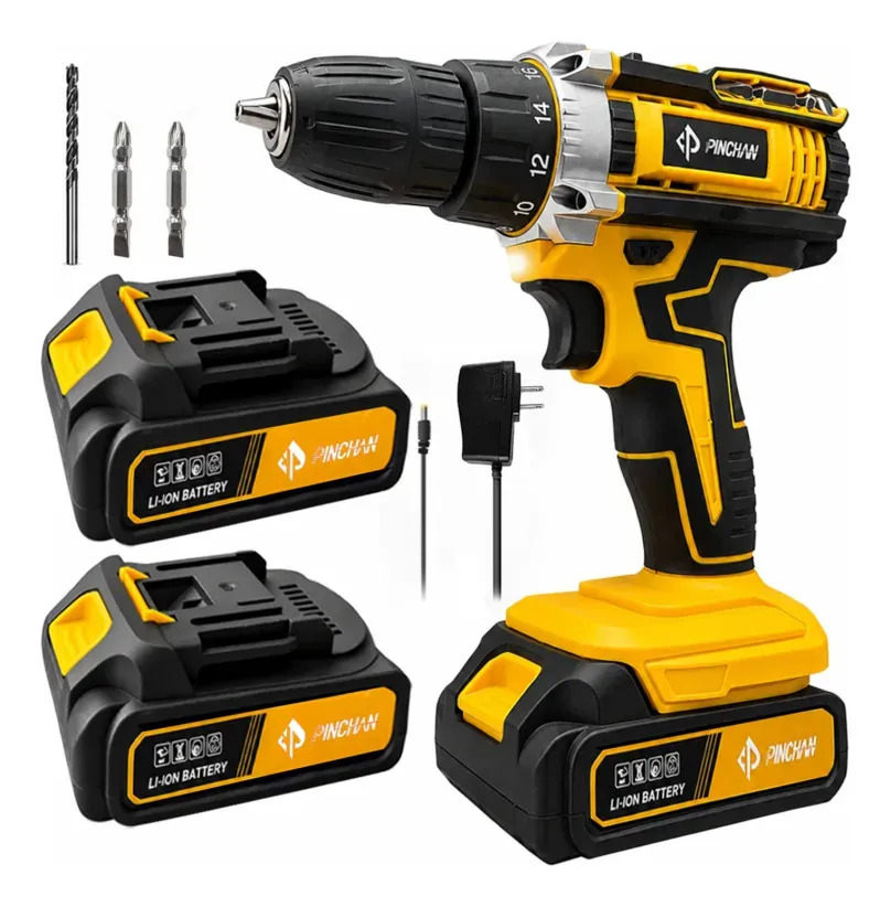 Taladro Inalámbrico Pinchan de 10 mm con 2 Baterías y Cargador, Amarillo