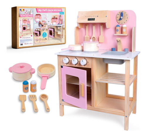 Cocina De Madera Kids House, Cocinita de Juguete Para Niñas My Chef Home Kitchen, Color Rosa con Acabados en Madera, Incluye 1 Sartén, 1 Olla, 3 Utensilios de Cocina, 1 Pimentero y 1 Salero