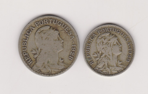 Lote 2 Moneda Portugal 50 Ctvs + 1 Escudo Año 1928 Bueno