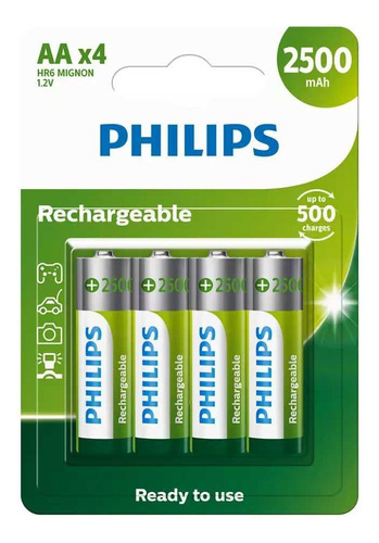 Philips pacote 4 pilhas bateria AA recarregável 2500mah