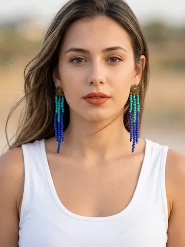 Brinco Franjas  Miçangas  Turquesa E Royal Moda Hippie Chic