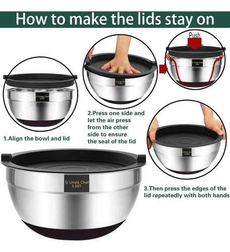 Set De 3 Bowls De Acero Inoxidable Con Tapa, Antideslizantes