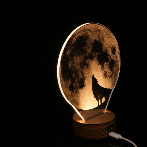 Aplicável A 3d Lobo Luz De Noche Led Base De Madera Lámpara