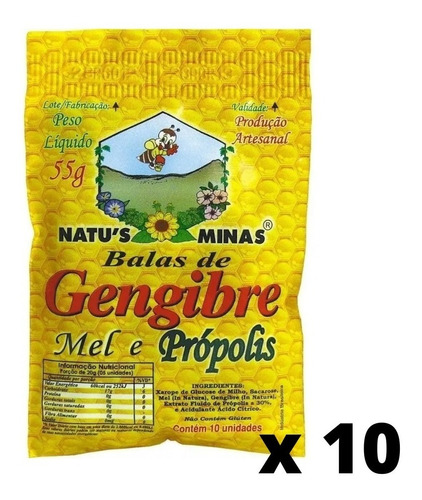 Kit 10 Bala De Gengibre Mel E Própolis Natus Minas 55g
