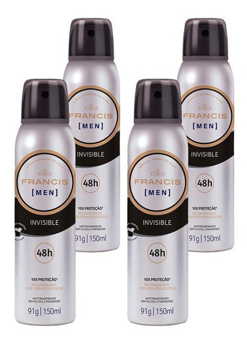 Kit 4 Desodorante Aerosol Francis Invisible Men 48h 165ml