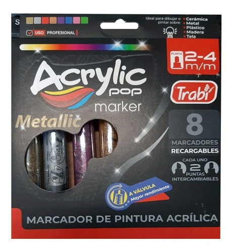 Marcadores Acrilico Trabi Acrylic Pop X 8 Colores Metal