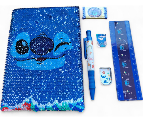 Libreta Lentejuelas Disney Stitch Y Angel Cambia Imagen