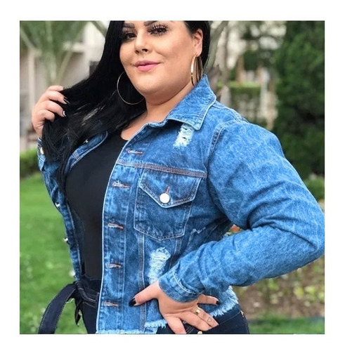 Jaqueta Jeans Feminino Plus Size Detalhe Rasgado G1 Ao G5
