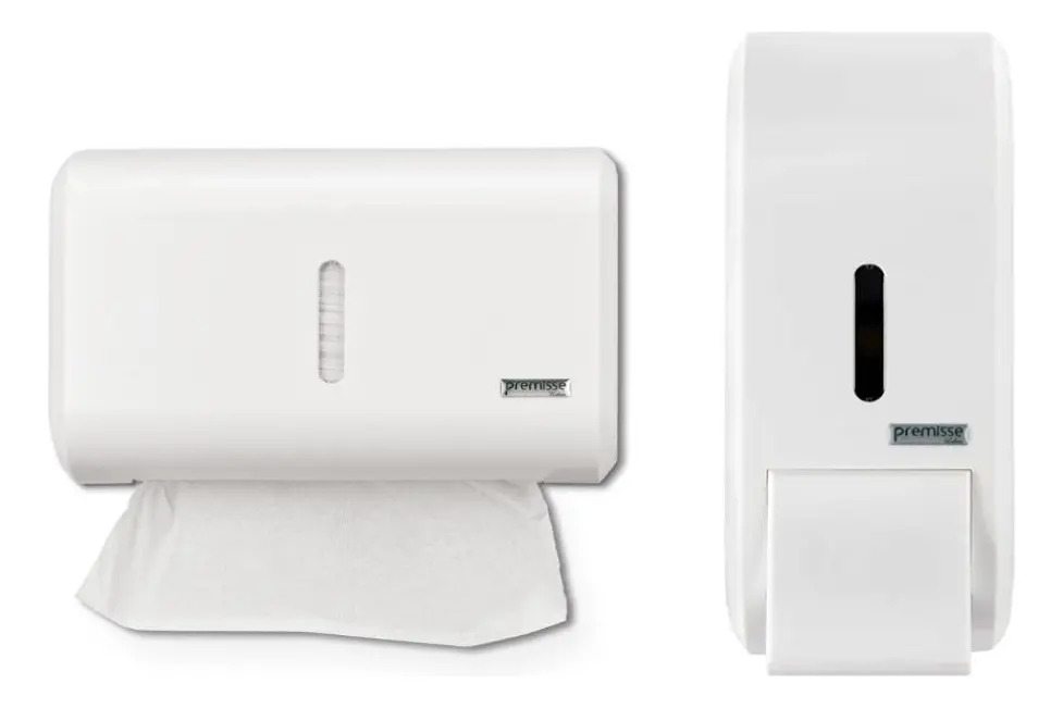 Kit Dispenser Urban Compacto Parede Branco Saboneteira 400ml e Papel Toalha