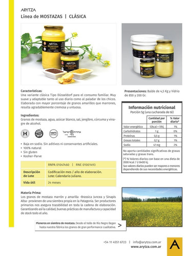Mostaza Arytza Natural Clasica 100% - Ideal Niños - Sin Tacc