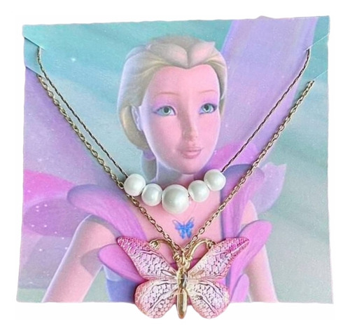 Collar Barbie Fairytopia Mariposa Rosa Collar Doble Perlas 