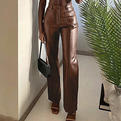 Elastic High Waist Synthetic Leather Pants 2024