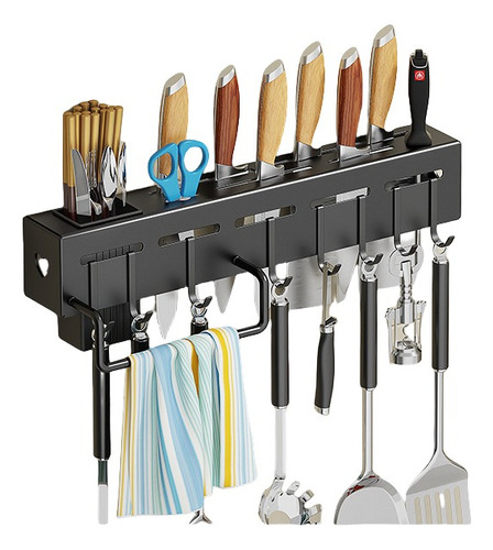 Portacuchillos De Pared 50cm Organizador Estante 8 Ganchos Color Negro