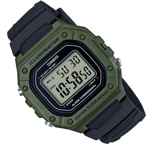 Reloj pulsera Casio Youth W-218H de cuerpo color verde, digital, para hombre, fondo gris, con correa de resina color negro, dial negro, minutero/segundero negro, bisel color verde, luz ámbar y hebilla simple