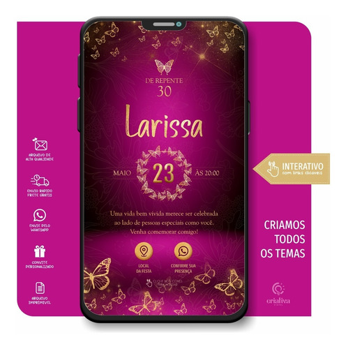 Convite Digital Adulto Feminino Rosa Dourado Borboletas