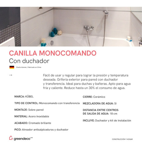 Imagen 2 de 10 de Griferia Ducha Canilla Monocomando Con Transferencia Kübel