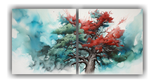 140x70cm Cuadro Abstracto Colores Rojo Y Turquesa Árbol Sec