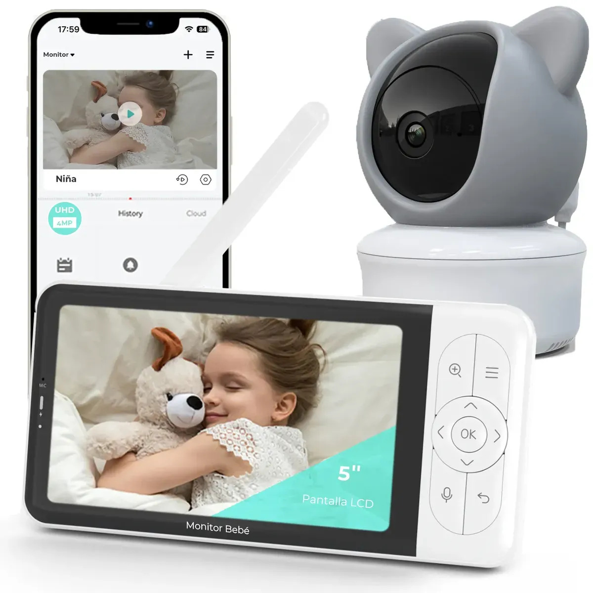 Monitor Bebé Wifi Ttmxi Con App, Pantalla Lcd De 5 Pulgadas, Cámara Para Bebé Hd 1080p, Monitoreo Remoto Desde Celular, Audio Bidireccional, Visión Nocturna, Zoom 4x Y Detección De Movimiento Blanco