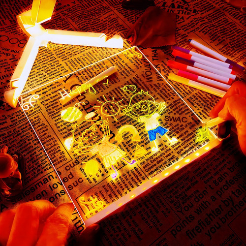 15*15cm Tablero De Dibujo Led Para Niños, Acrílico Transparente, Doble Cara, Borrable En Seco, Con Base Ajustable, Incluye 7 Plumones Fluorescentes, Luz Led Multicolor Y Nocturna
