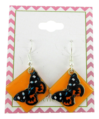 Pendientes Colgantes Con Dije De Mariposa Esmaltado Naranja 