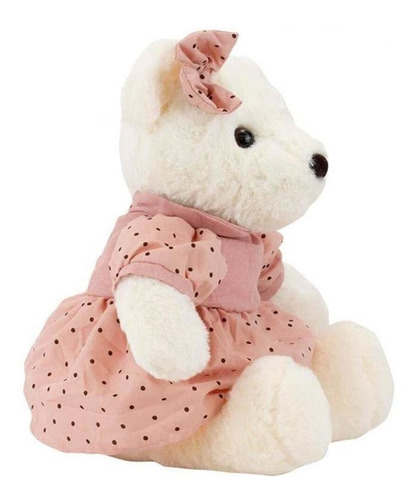 Urso Branco Sentado Vestido Rosa Poá Pelúcia 30 Cm