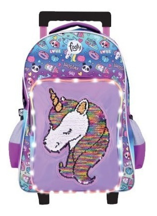 Mochila Footy Unicornio 18'' C/ Carro - Luz Led Recargable