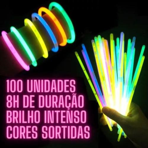 Pulseira Neon Kit 100 Adereços Balada Fluorescente Festa Led
