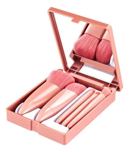 Mini Brush Kit 5 Pinceis com Espelho Portátil Nécessaire Viagem Cor Rosa