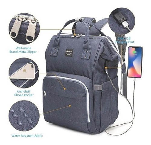 Imagen 7 de 11 de Pañalera Moderna Con Cable Usb Y Bolsito Térmico Azul
