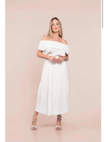 Imagem 6 de 6 de Vestido Midi Ombro A Ombro Lastex Off White Casamento Civil