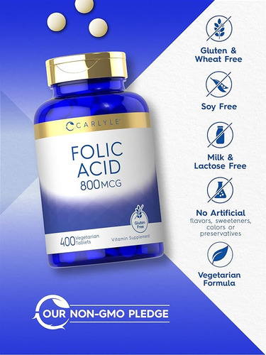 Suplemento de ácido fólico Carlyle, 800 mcg, tabletas, 40