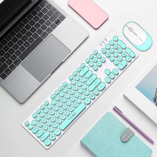 Combo De Teclado Y Ratón Inalámbrico, Bonito Teclado Retro R