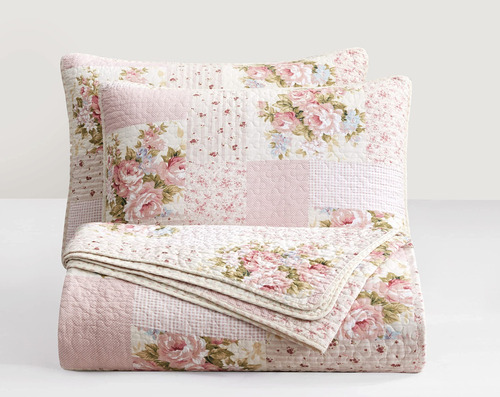 Juego De Edredón De Algodón 3 Piezas Tamaño King Flores Rosa