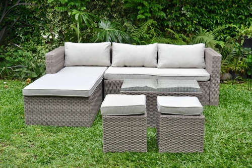 Juego Jardin Living Simil Rattan New Meissa Con Puff C Estructura Gris