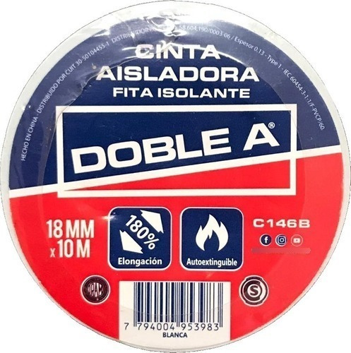 Cinta Aisladora Doble A Autoadhesiva Negra 18mm X 10 Metros