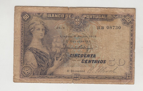 Billete Portugal 50 Centavos Año 1918 Bueno 